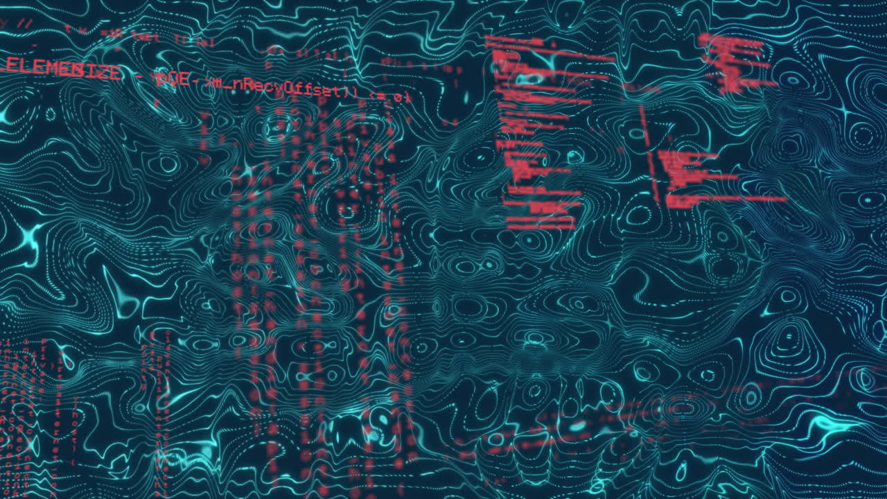 Animation of digital code with red text over wavy blue patterns in background
