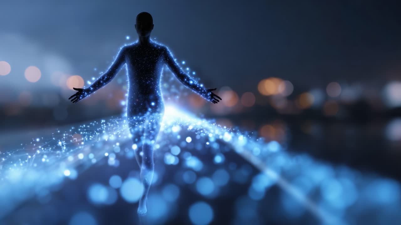 A glowing figure emerges, radiating ethereal energy and vibrant, sparkling particles, set against a softly blurred urban backdrop in the twilight of the night