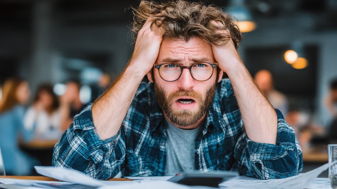 Frustration and Overwhelm: A Man in a Checkered Shirt Displays Signs of Stress in a Busy Office Environment, Surrounded by Papers and Distractions