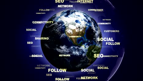 social network keywords around earth, animation, rendering, background, loop