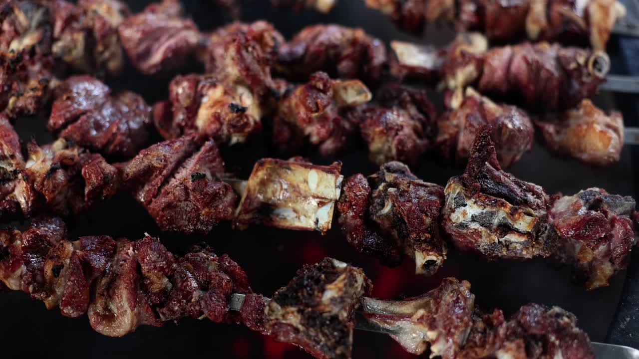 Meat grilling on skewers