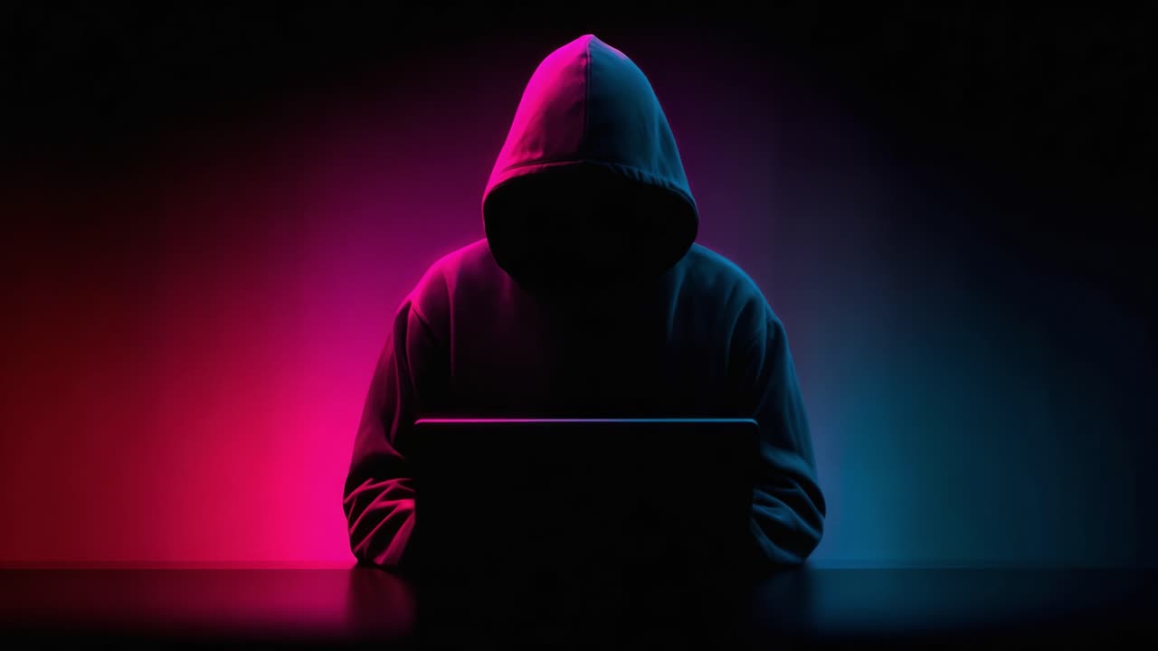 En mystisk person i en hættetrøje arbejder med en bærbar computer, omgivet af et fængslende neonglød i nuancer af pink og blå, hvilket skaber en spændende atmosfære.