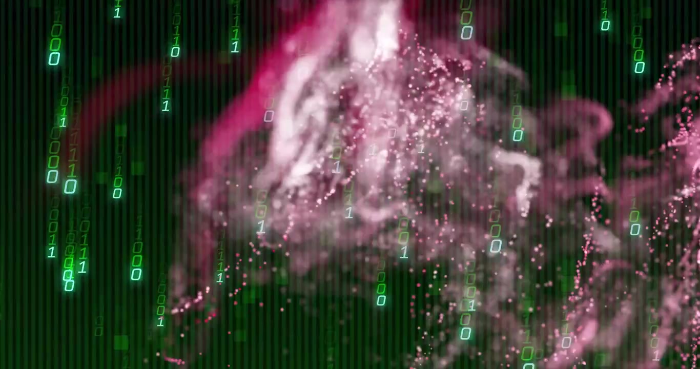 On launch pink cloud emerging, expanding, drifting across green binary grid to visualize data flow