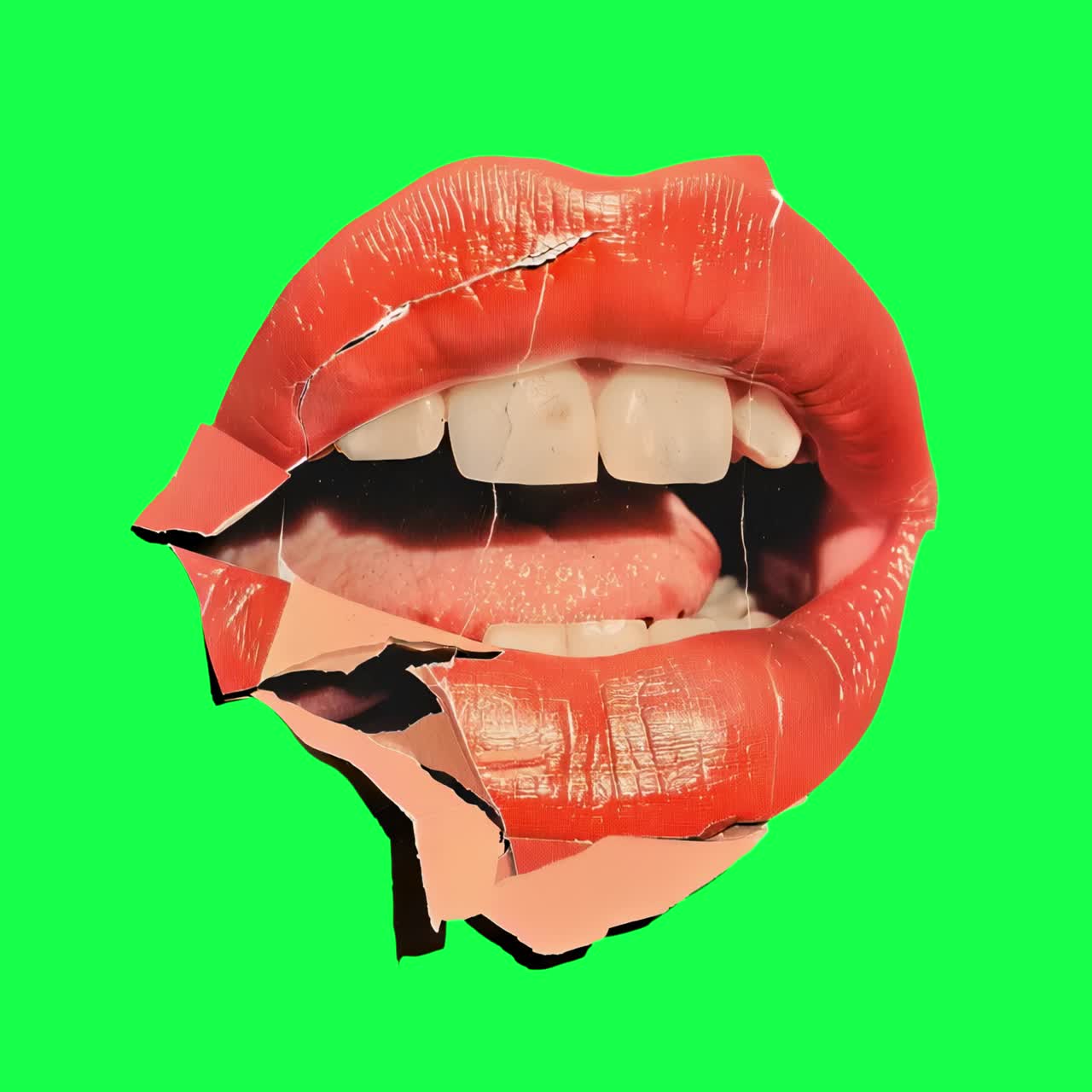 Vibrant surreal lips collage animation, transparent 4K video, green screen