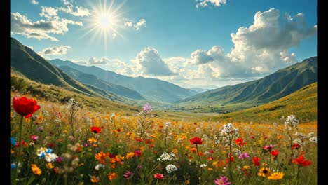 scenic mountain valley with colorful wildflowers