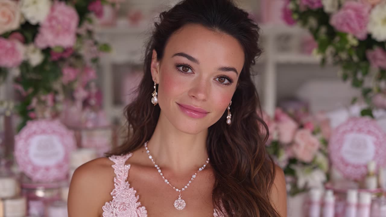 Donna elegante in una scenografia floreale rosa che mette in mostra gioielli meravigliosi e un sorriso raggiante, esaltando bellezza e grazia in un’atmosfera romantica