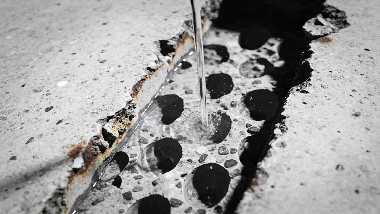 Un sottile getto versato dall'alto colpisce da vicino una scanalatura di cemento, formando increspature e bolle.