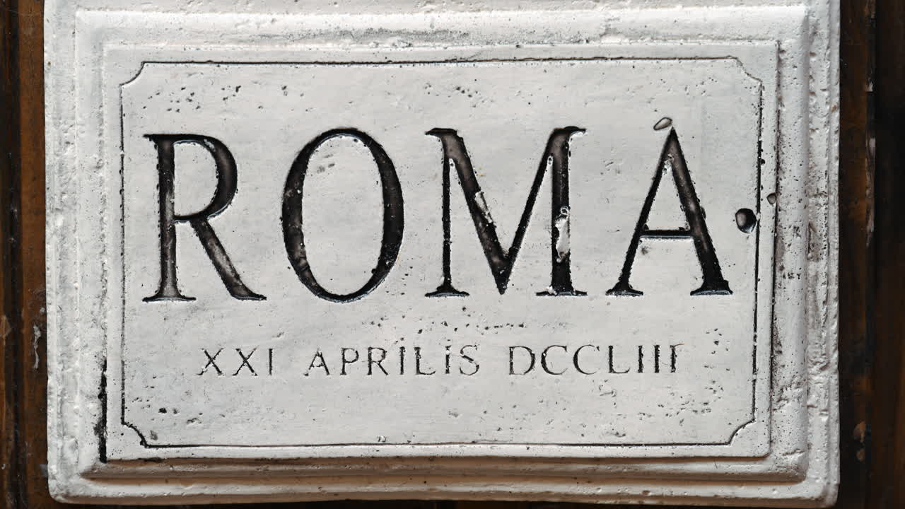 Roma writing on a marble tile in Rome, Italy
