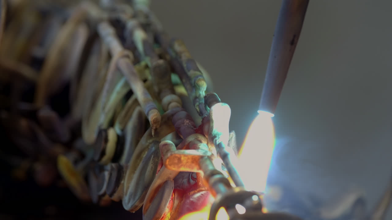 대장장이가 가스 용접을 사용하여 황동 색소폰을 녹여 파괴적인 불꽃과 밝은 색상의 불꽃을 일으킵니다.