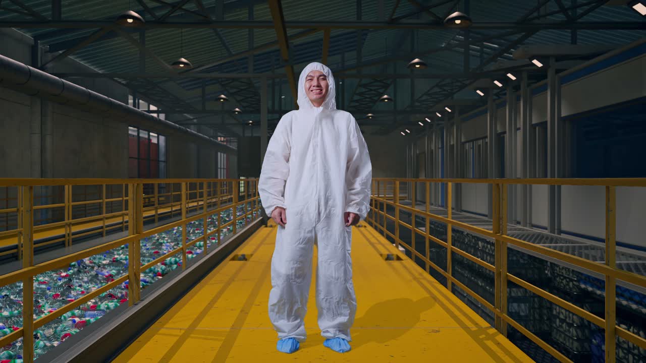 Helkroppsbilde av en asiatisk mannlig forsker som smiler, inspiserer driften av et plastgjenvinningsanlegg med et transportbånd av flasker.