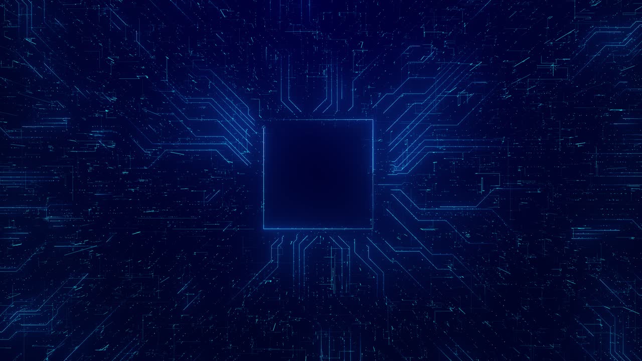 Digital data moving on circuit board cpu high tech artificial intelligence ai data mining processing