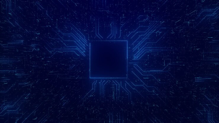 Dati digitali in movimento su circuito stampato, CPU, alta tecnologia, intelligenza artificiale (AI), data mining ed elaborazione.