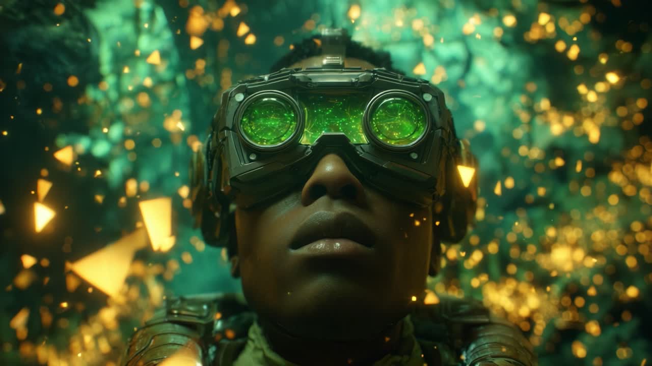 A captivating exploration of a young adventurer equipped with futuristic goggles, observing a mesmerizing world filled with vibrant particles and dynamic geometric shapes, inviting wonder and curiosity