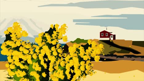 red house on a hill by the sea with yellow flowers