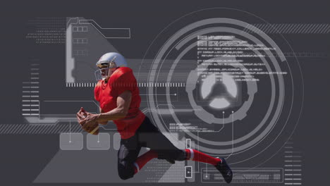 animación de un jugador de fútbol americano sobre el procesamiento de círculos y datos diversos en fondo gris