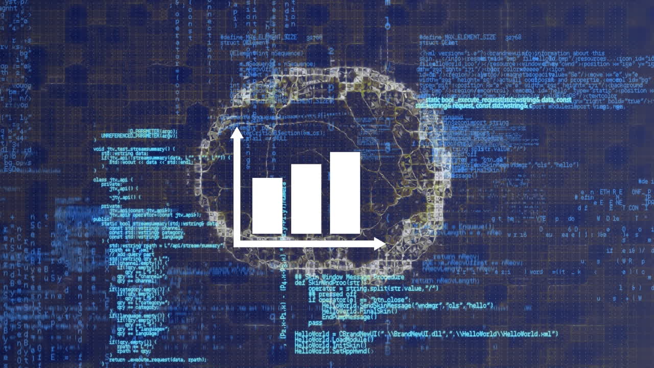 Animation of graph over digital brain and data processing on blue background