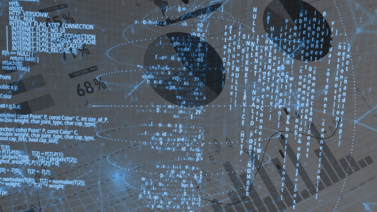 Digital code and data processing animation over abstract technological background