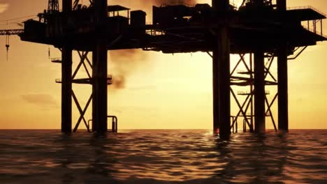 a stunning silhouette of an offshore oil rig at sunset, capturing the beauty and industrial majesty of energy exploration in a calm sea