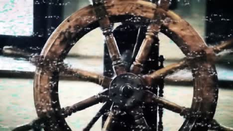 a detailed view of an antique ship's steering wheel captured through a water-drenched window, highlighting its rustic craftsmanship and maritime significance in a captivating atmosphere