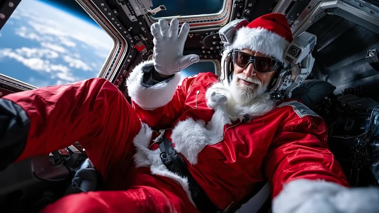 A man dressed as Santa Claus in a space station