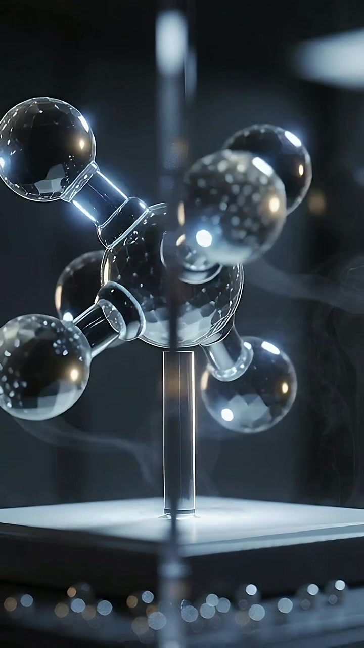 Vertical video: Rotating glasslike molecular model on lit pedestal via rod for display, with mist