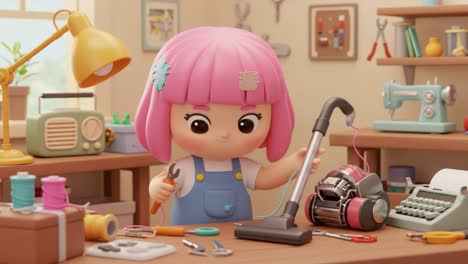 a playful character engaged in diy crafting and cleaning activities in a bright, colorful workshop with various tools and materials