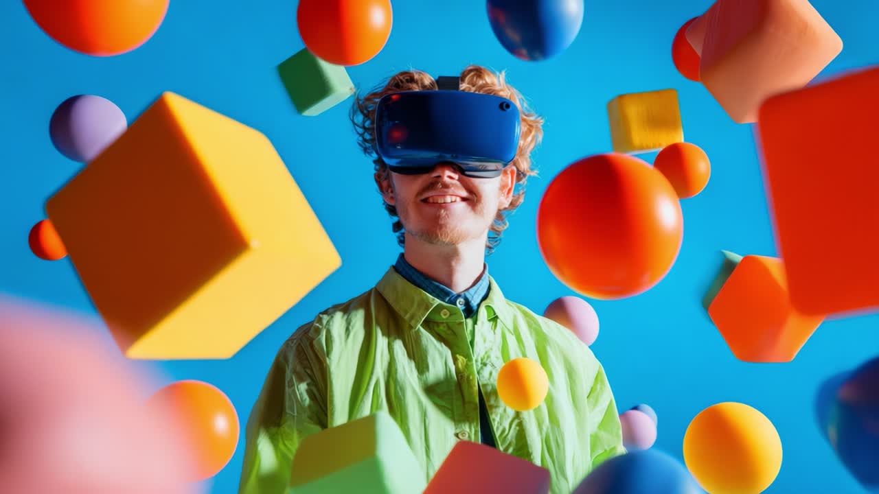 An Enthusiastic Individual Engaged in Virtual Reality, Surrounded by Colorful Geometric Shapes, Captures the Essence of Immersive Technology and Playful Imagination