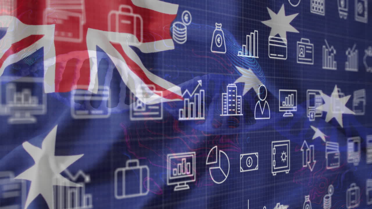 Australian flag with animation of digital icons for technology and data analytics