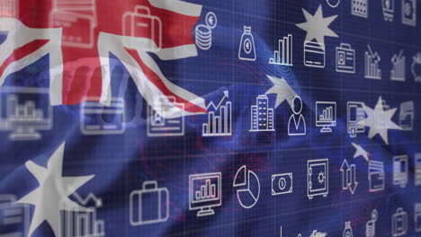 australian flag with animation of digital icons for technology and data analytics