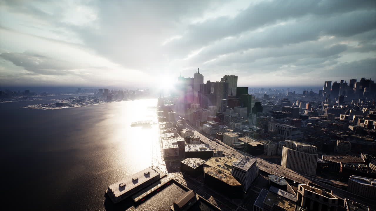 해가 지고 있는 도시 의 공중 사진