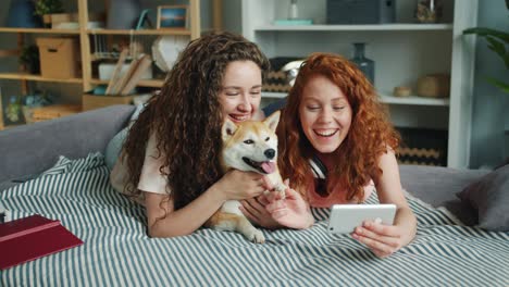 amigos felices tomando selfies con un adorable cachorro tendido en el sofá usando un teléfono inteligente