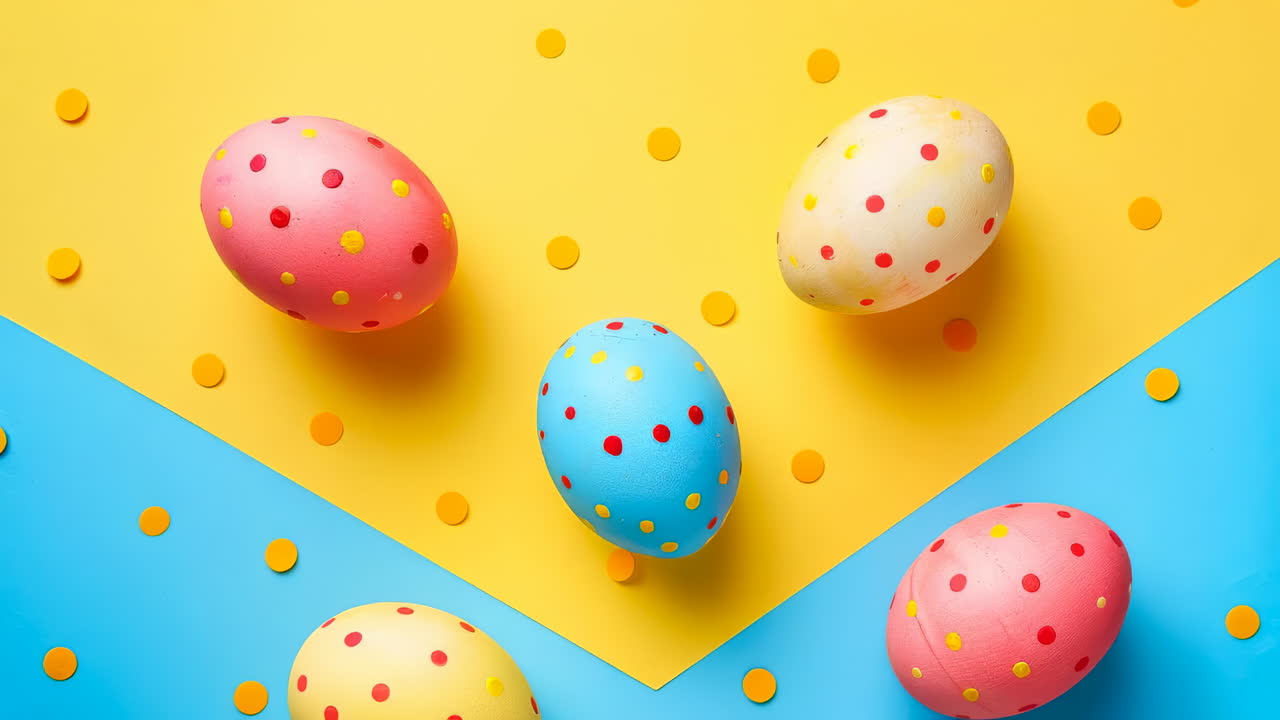 Easter eggs on bright background. Brightly colored Easter eggs are placed on a yellow and blue background along with colorful confetti