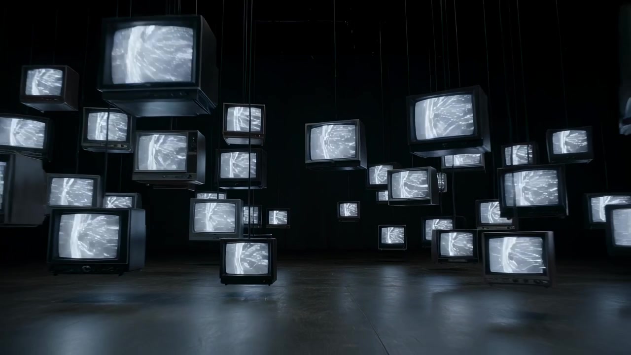 Pulling back camera exposing suspended CRT TVs flickering in dark gallery to reveal rigging