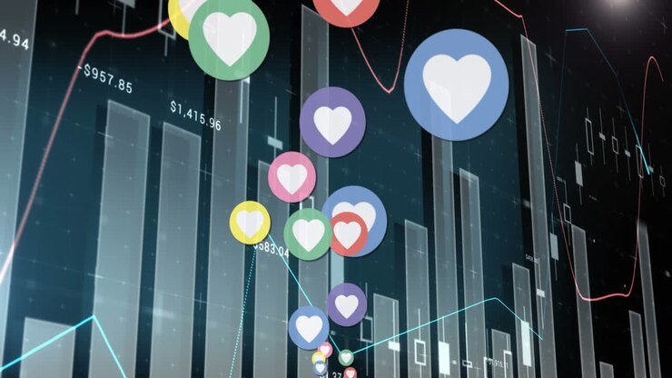 Animation af hjerteikoner over statistik og databehandling