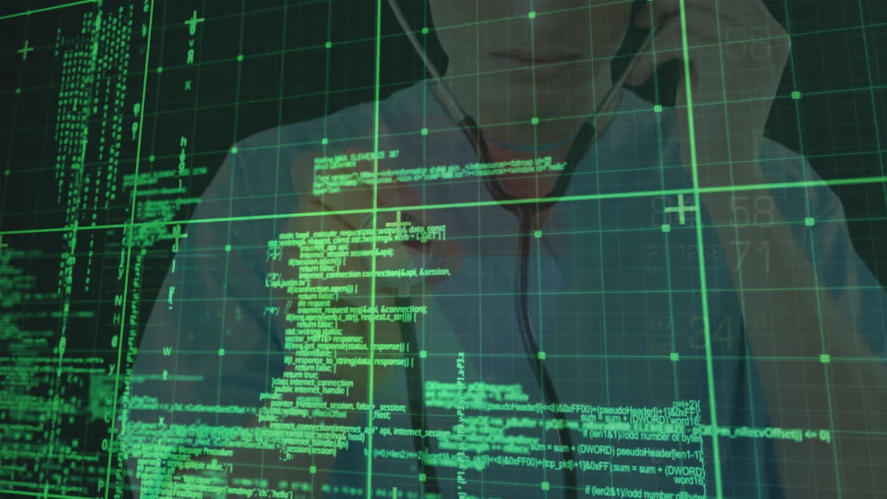 스테토스코프를 가진 백인 남성 의사 위에서 디지털 화면에서 데이터 처리의 애니메이션