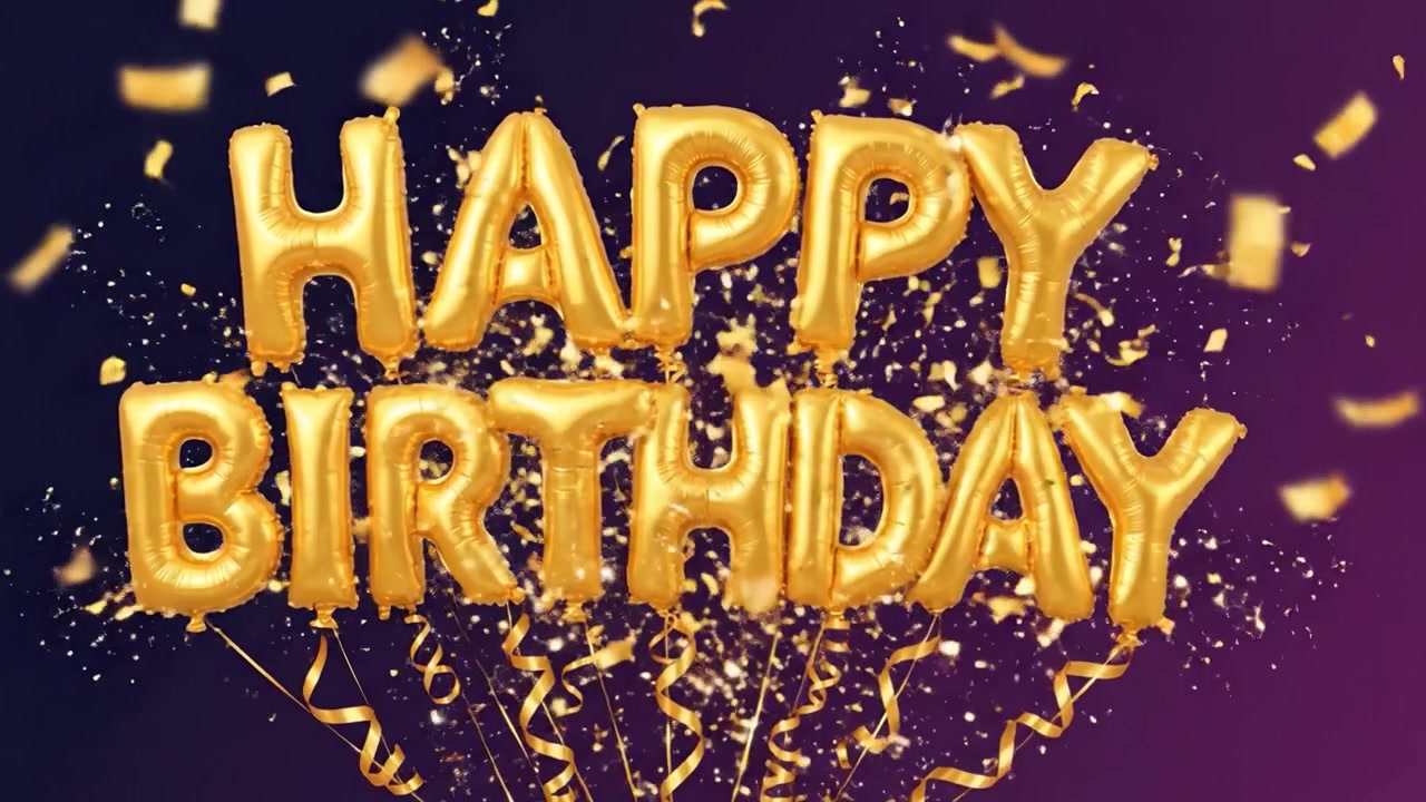 Allegri palloncini dorati di compleanno che celebrano un giorno speciale con decorazioni festive e uno sfondo vibrante, diffondendo gioia e felicità in una celebrazione memorabile.