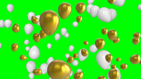 animación de globos dorados y blancos volando contra un fondo verde