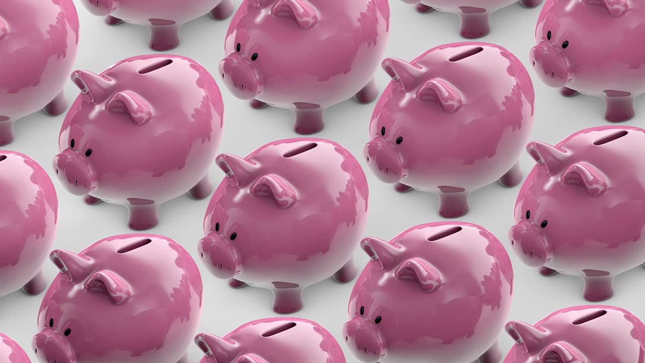 돼지 은행의 줄이 니다. 동전으로 가득 찬 돼지고기 은행. 돼지 금융 컨베이어. 루프