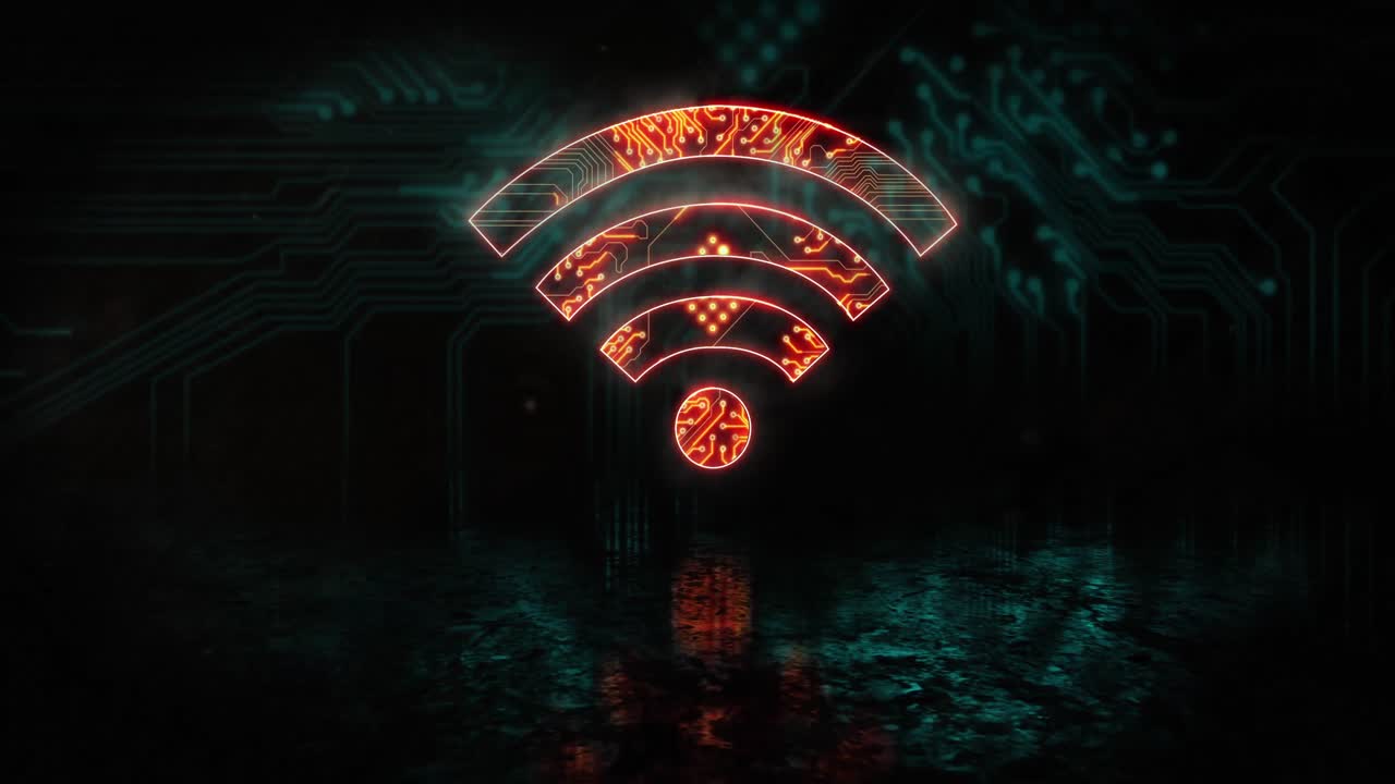 animación de un icono wifi naranja brillante sobre el enchufe del procesador azul