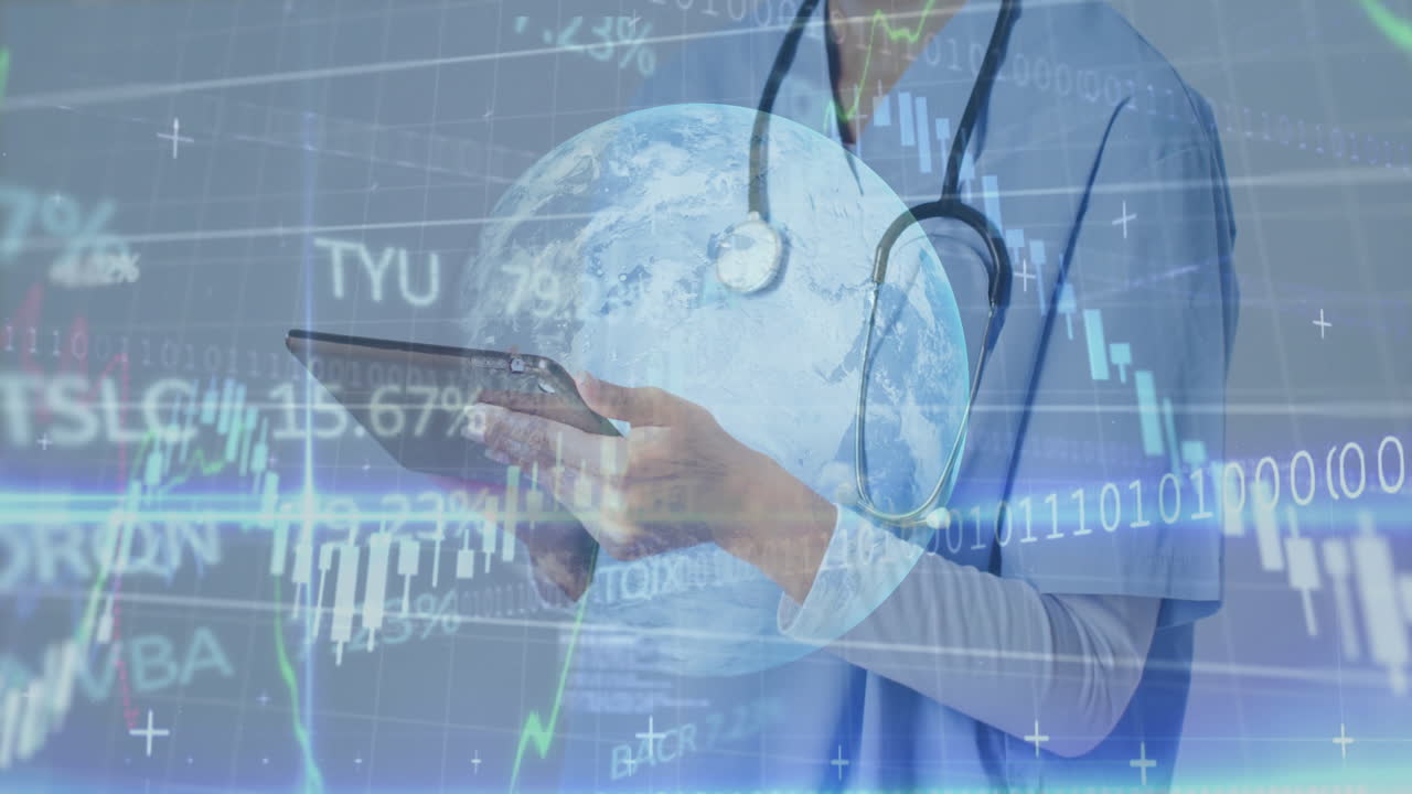 Healthcare professional using tablet, monitoring global health analytics with binary code overlays