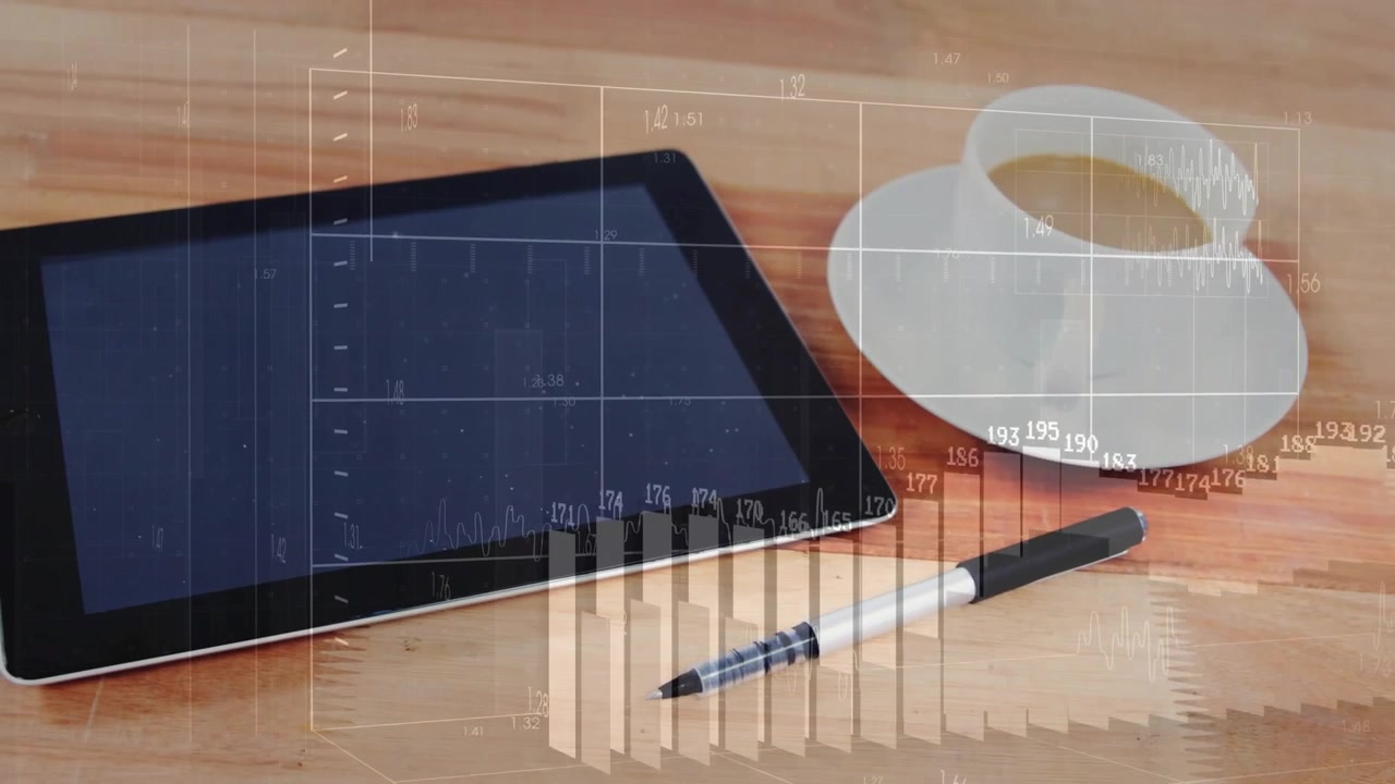 Digital Financial Data Charts Overlaid on Tablet and Coffee
