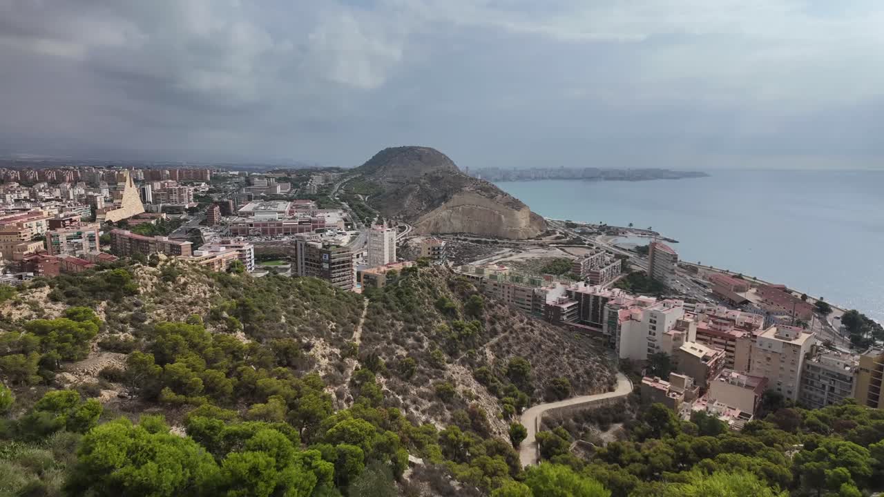 Elevated panoramic view of Alicante City from the Castle, with a view of the Mediterranean Sea and north coast. 4k timelapse.