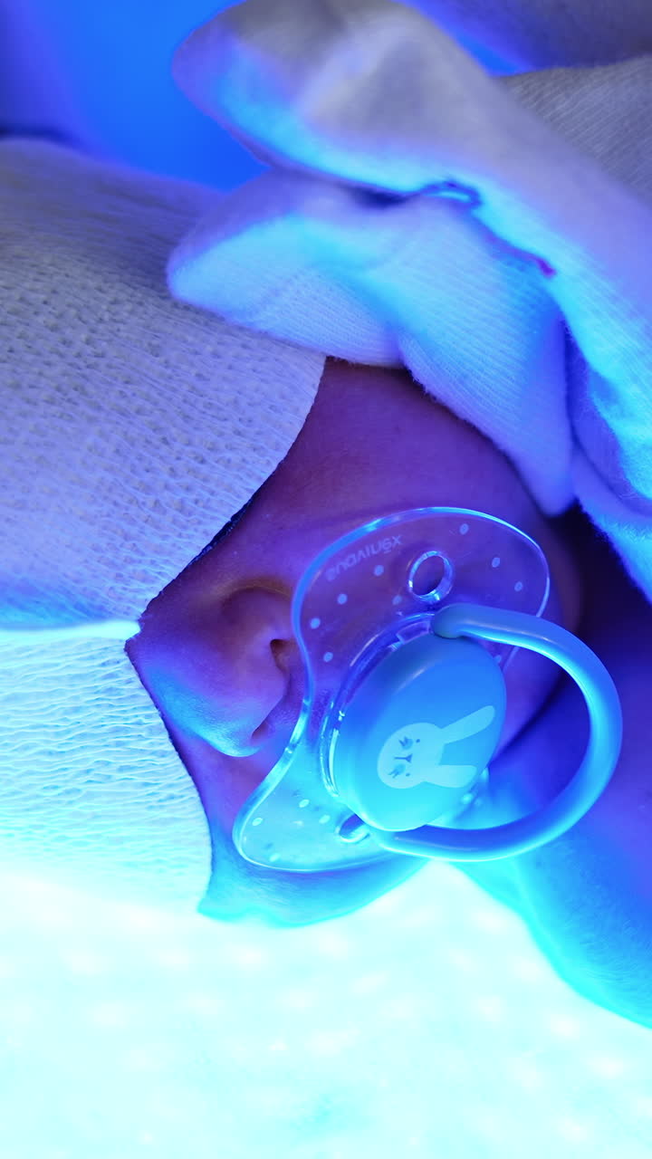 UV light phototherapy for a newborn child. Treatment of childhood jaundice in maternity hospital. Close up. Vertical video