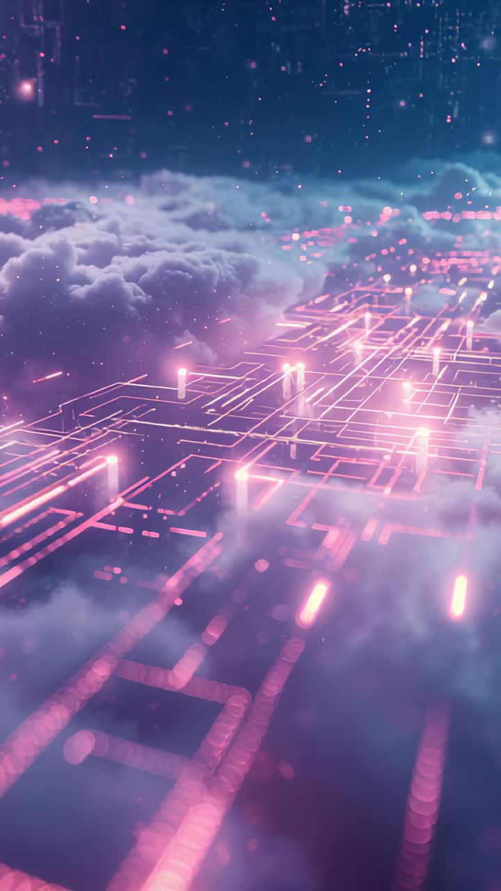Vertical video: Gliding camera revealing neon circuit plane over clouds, showcasing pulsing pillars