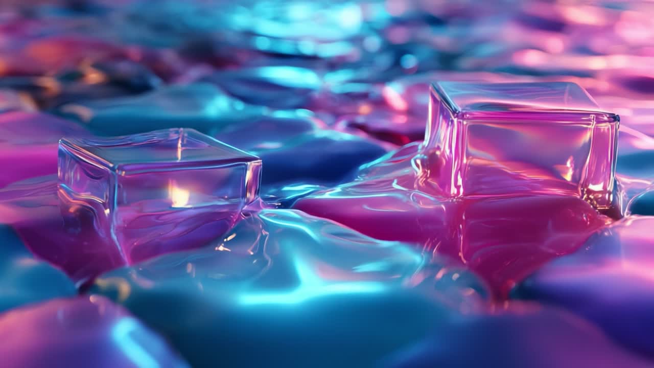 A mesmerizing display of vibrant colors and reflections created by two ice cubes resting on a fluid surface, capturing the enchanting dance of light and texture in a visually stunning video frame