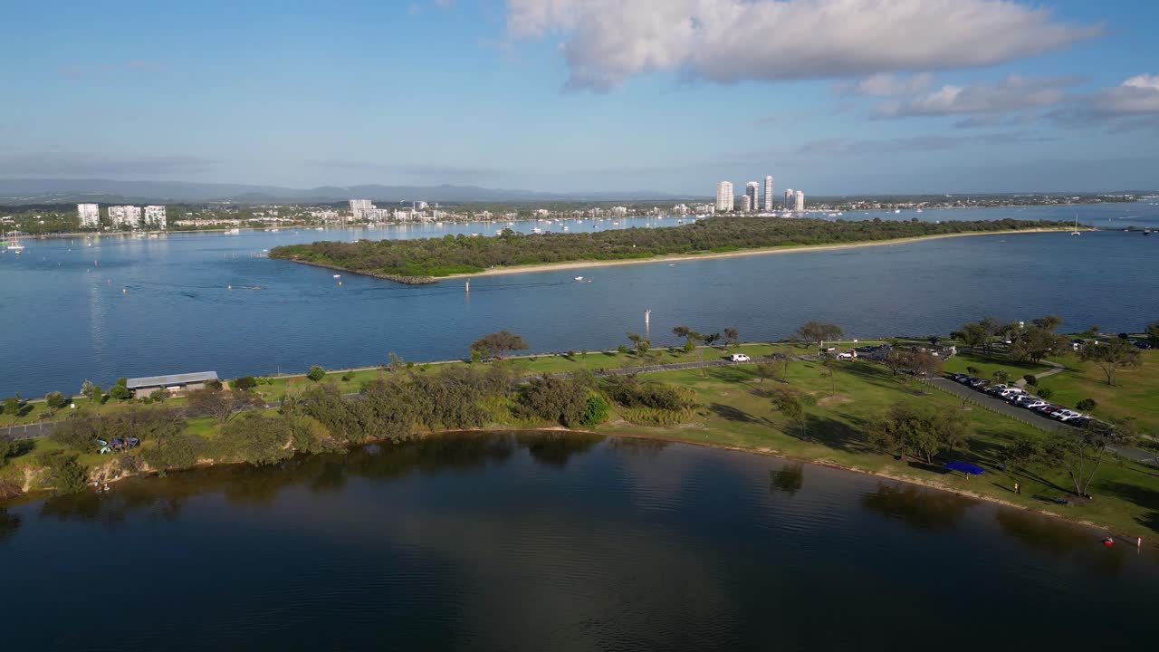 Aerial View over Doug Jennings Park looking West over the Broadwater, Gold Coast, Australia.