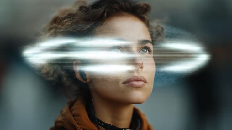 Mulher com Holograma de Realidade Aumentada