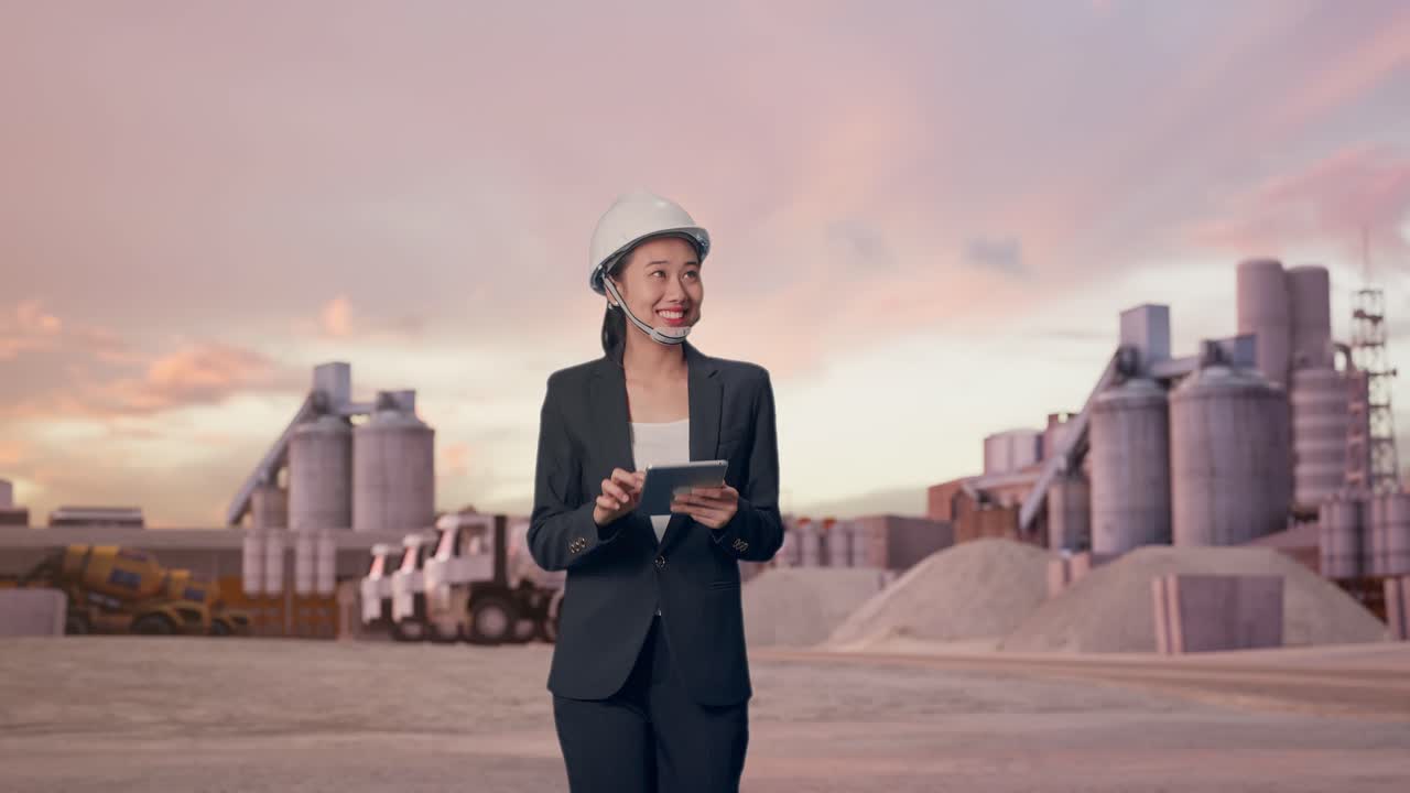 Vista frontal de empresaria asiática usando una tablet mientras camina y observa los alrededores en una planta de cemento industrial al atardecer.