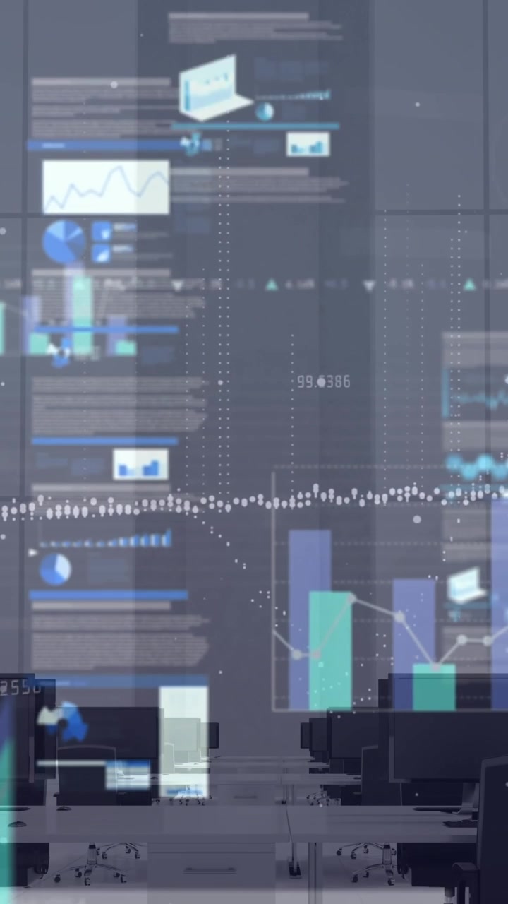 Animação de processamento de dados financeiros em mesas de escritório