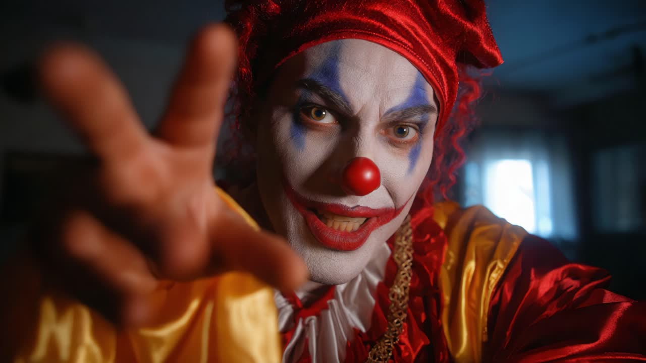 An Intense Clown Interaction: Captivating Frames Showcase the Eerie Gaze and Expressive Gestures of a Character in Bright Costume and Bold Makeup